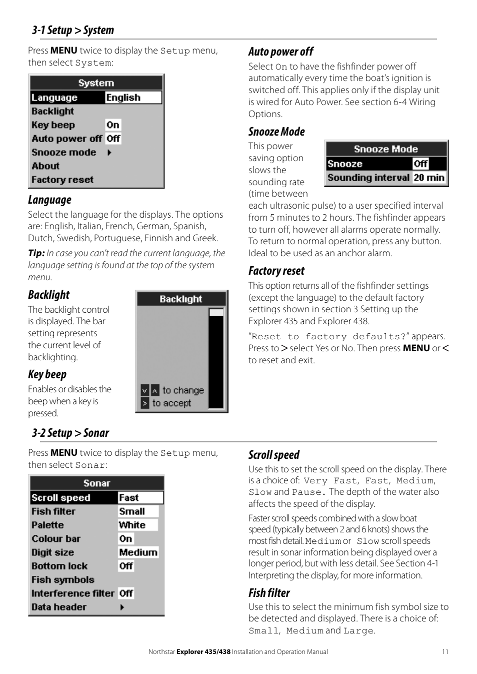 Language, Backlight, Key beep | 1 setup > system auto power off, Snooze mode, Factory reset, 2 setup > sonar, Scroll speed, Fish filter | NorthStar Navigation EXPLORER 435 User Manual | Page 11 / 32