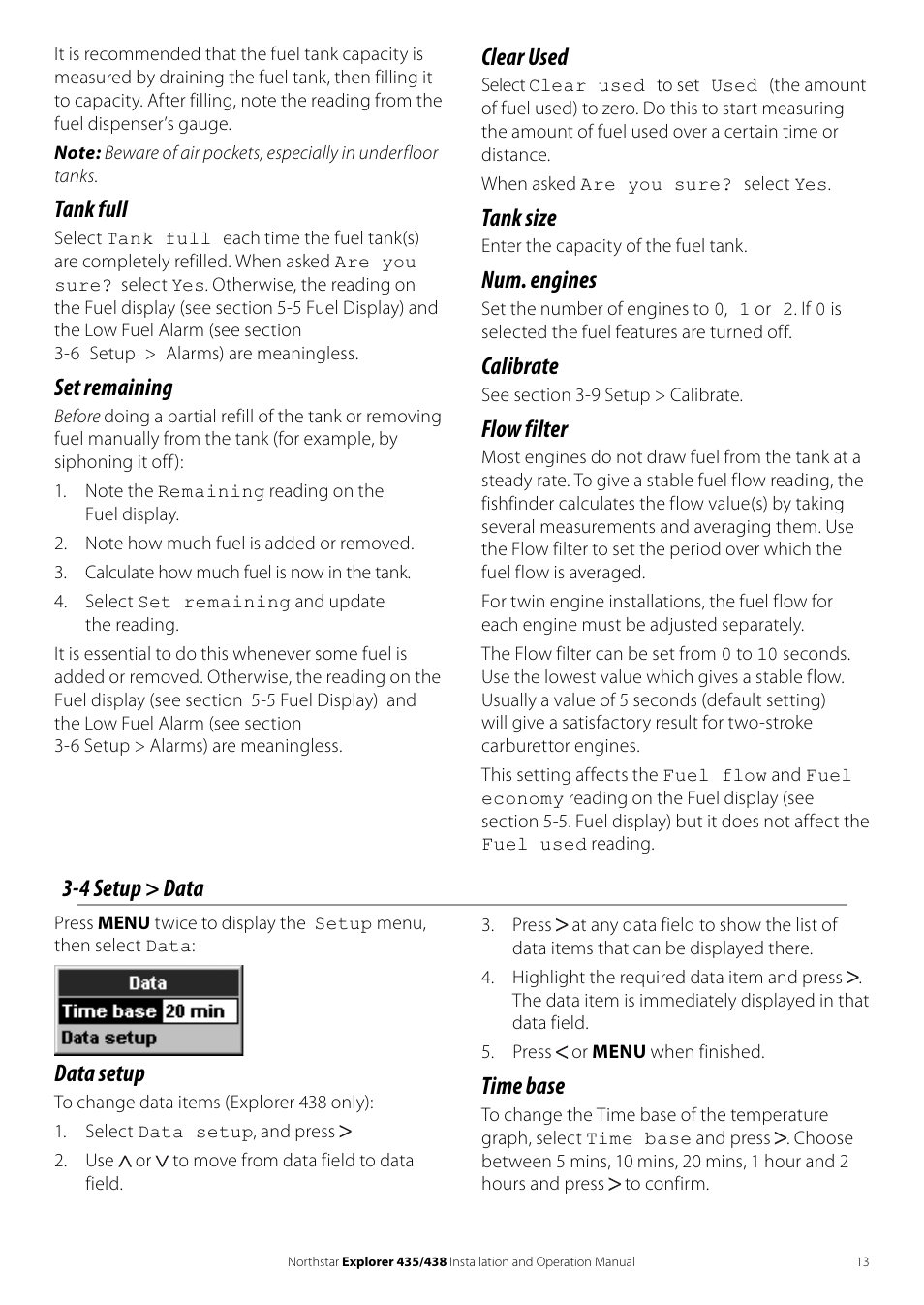 Clear used, Tank size, Num. engines | Calibrate, Flow filter, Tank full, Set remaining, 4 setup > data, Time base, Data setup | NorthStar Navigation EXPLORER 435 User Manual | Page 13 / 32