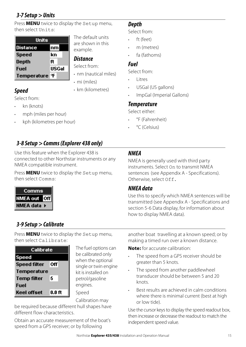 7 setup > units, Distance, Depth | Fuel, Temperature, 8 setup > comms (explorer 438 only), Nmea, Nmea data, 9 setup > calibrate, Speed | NorthStar Navigation EXPLORER 435 User Manual | Page 15 / 32