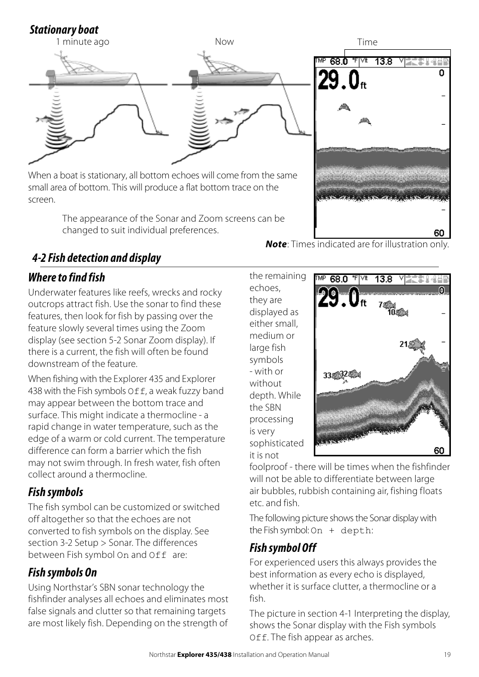 Stationary boat, 2 fish detection and display where to find fish, Fish symbols | Fish symbols on, Fish symbol off | NorthStar Navigation EXPLORER 435 User Manual | Page 19 / 32