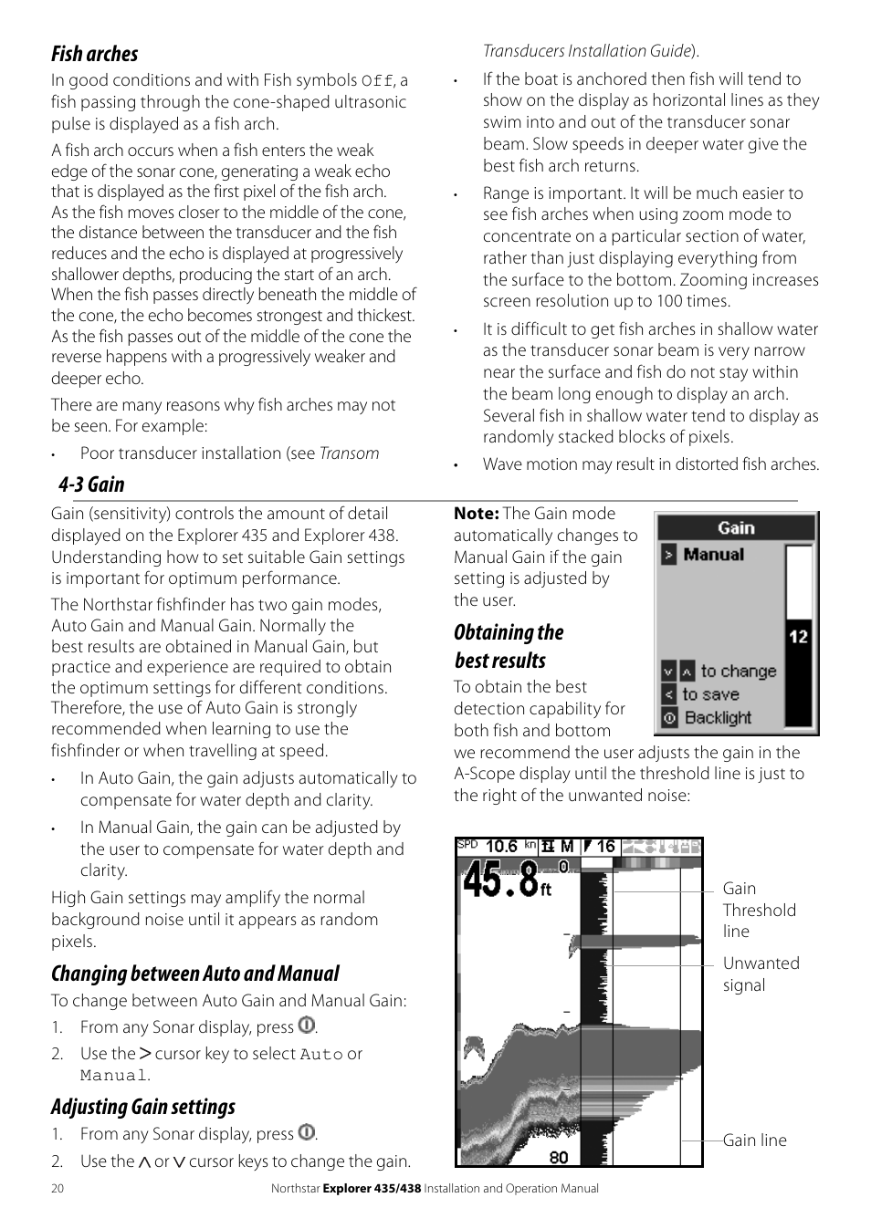 Fish arches, 3 gain, Changing between auto and manual | Adjusting gain settings, Obtaining the best results | NorthStar Navigation EXPLORER 435 User Manual | Page 20 / 32