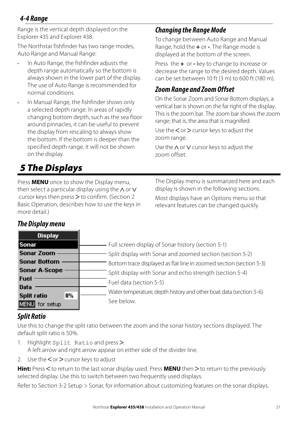 5 the displays, 4 range, Changing the range mode | Zoom range and zoom offset, The display menu split ratio | NorthStar Navigation EXPLORER 435 User Manual | Page 21 / 32