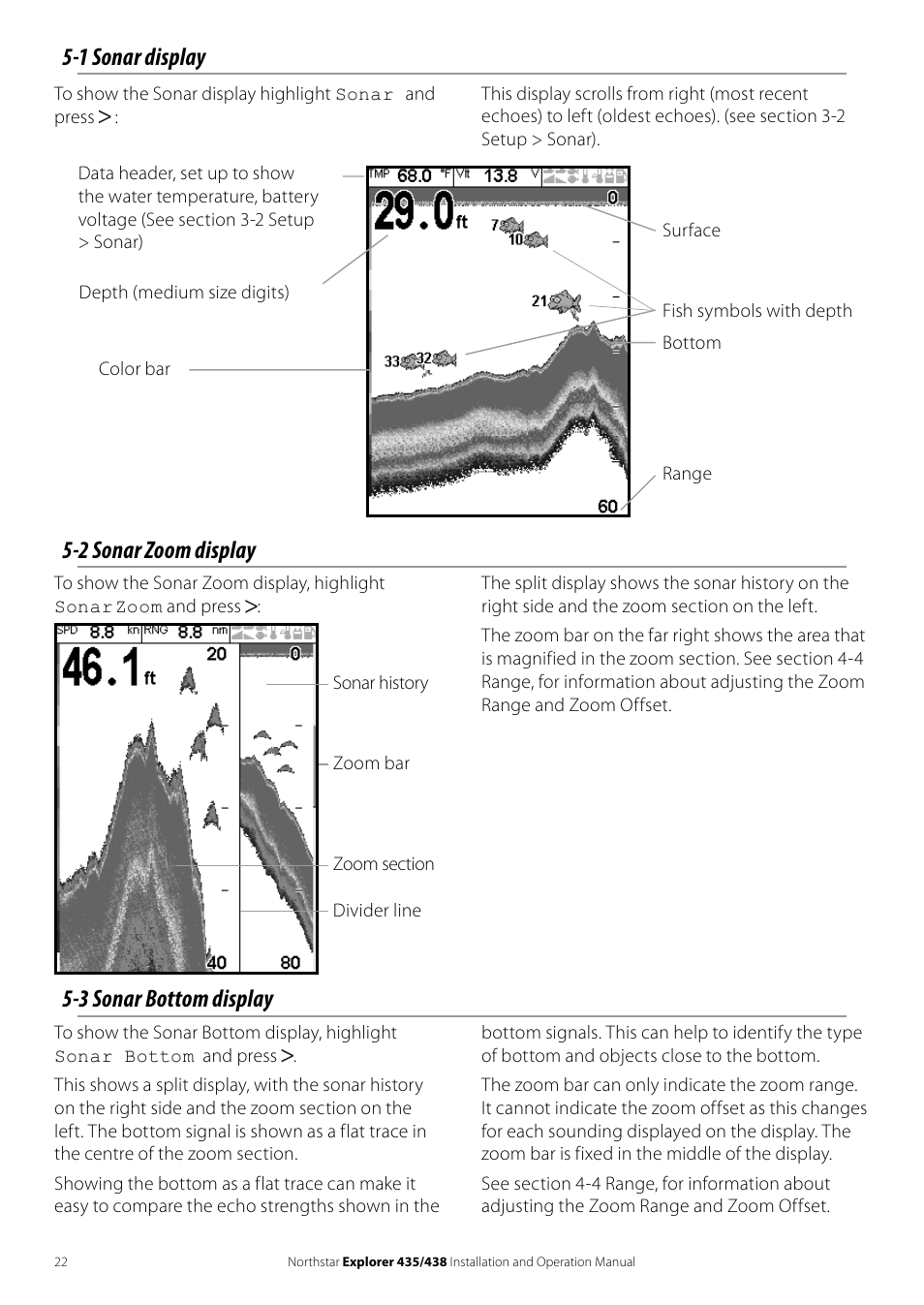 1 sonar display, 2 sonar zoom display, 3 sonar bottom display | NorthStar Navigation EXPLORER 435 User Manual | Page 22 / 32