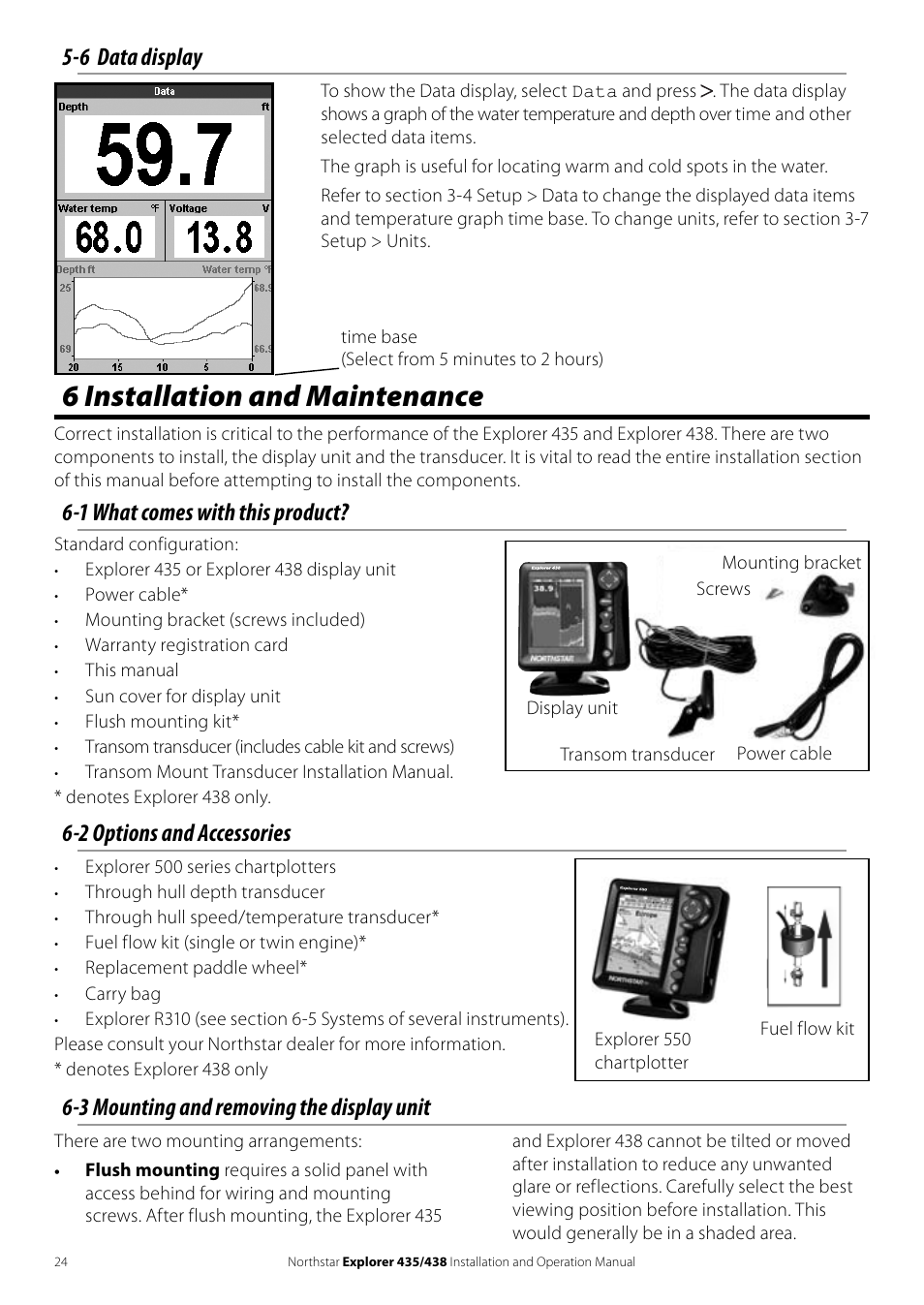 6 installation and maintenance, 6 data display, 1 what comes with this product | 2 options and accessories, 3 mounting and removing the display unit | NorthStar Navigation EXPLORER 435 User Manual | Page 24 / 32