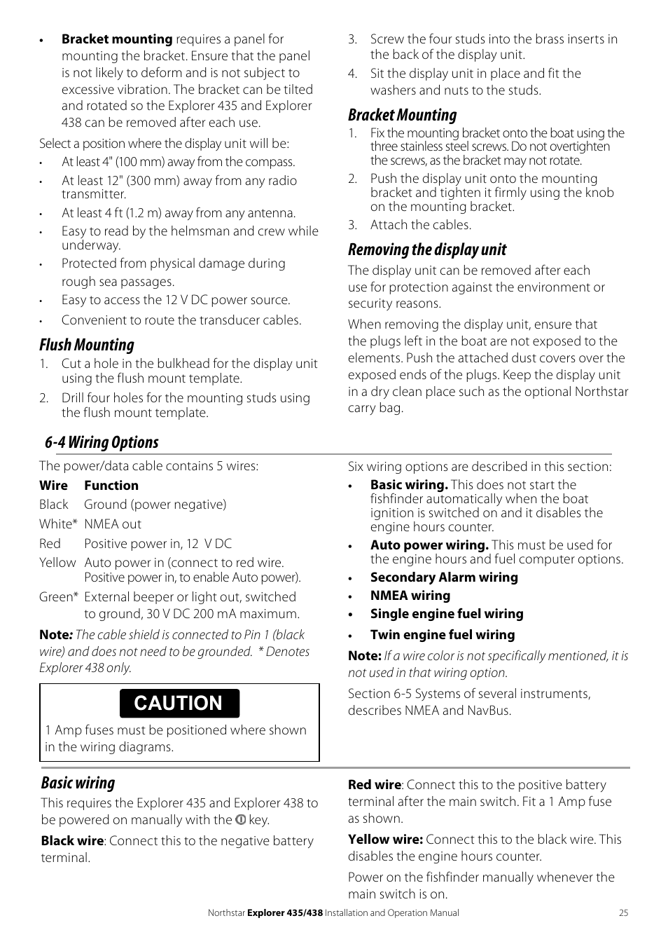 Caution, Flush mounting, Bracket mounting | Removing the display unit, 4 wiring options basic wiring | NorthStar Navigation EXPLORER 435 User Manual | Page 25 / 32