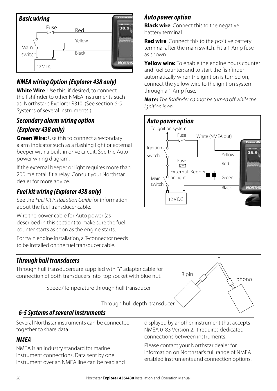 Auto power option, Nmea wiring option (explorer 438 only), Secondary alarm wiring option (explorer 438 only) | Fuel kit wiring (explorer 438 only), Through hull transducers, 5 systems of several instruments, Nmea, Basic wiring | NorthStar Navigation EXPLORER 435 User Manual | Page 26 / 32