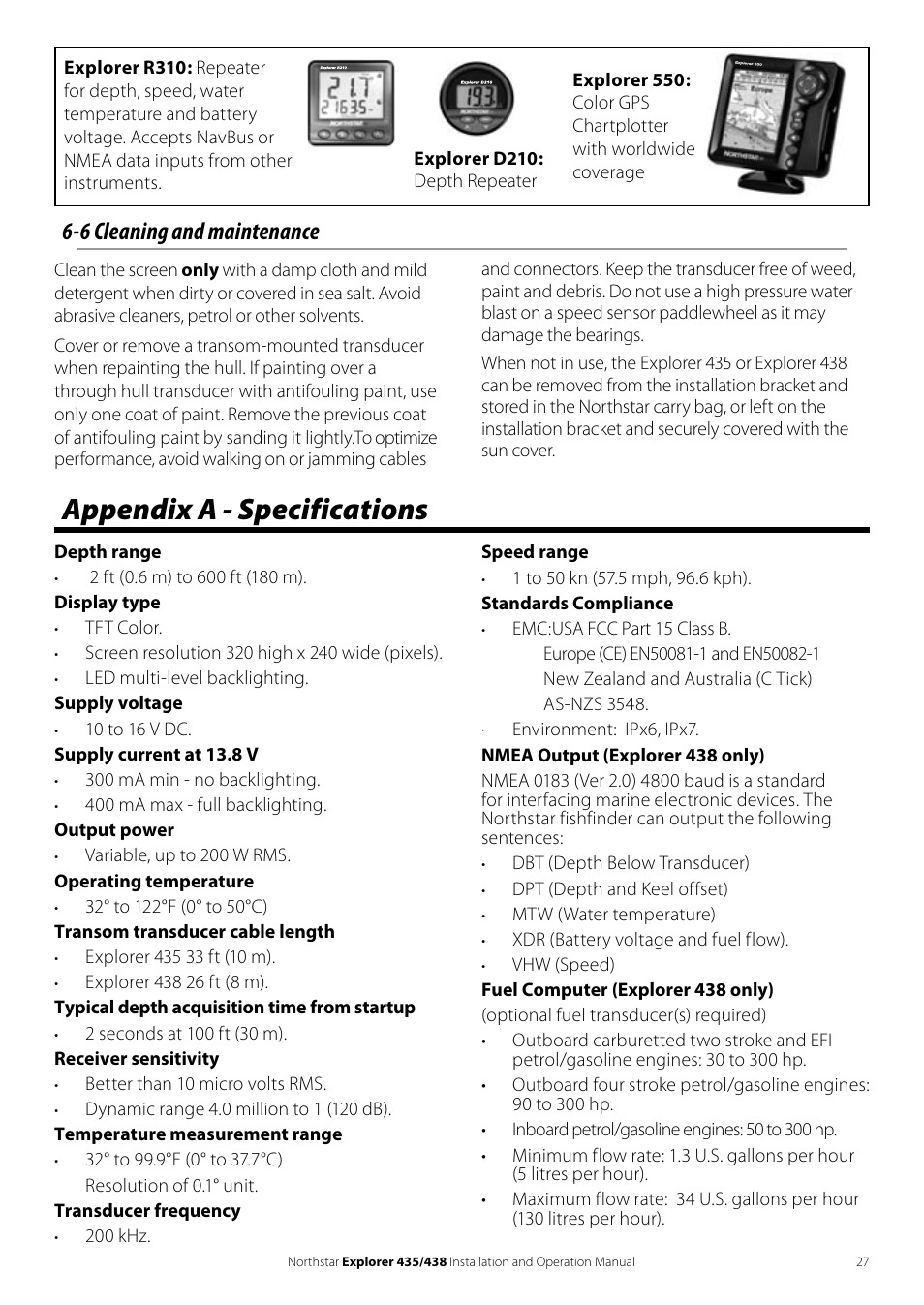 Appendix a - specifications, 6 cleaning and maintenance | NorthStar Navigation EXPLORER 435 User Manual | Page 27 / 32