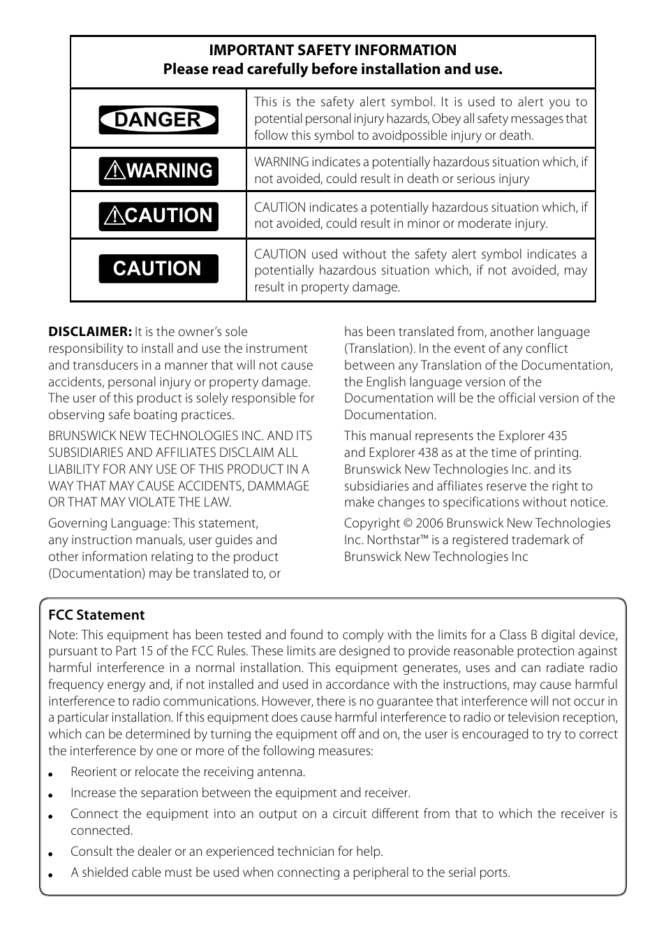 Danger, Warning, Caution | NorthStar Navigation EXPLORER 435 User Manual | Page 3 / 32