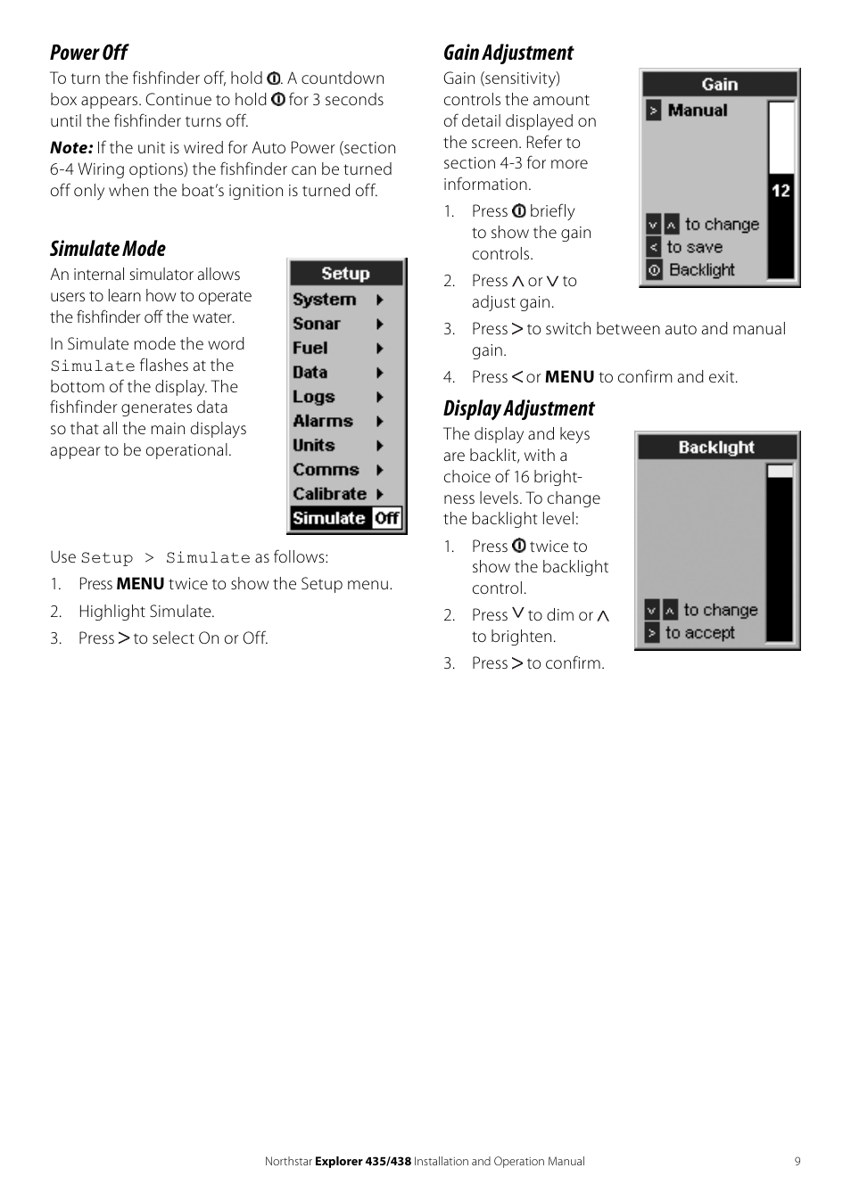 Gain adjustment, Display adjustment, Power off | Simulate mode | NorthStar Navigation EXPLORER 435 User Manual | Page 9 / 32