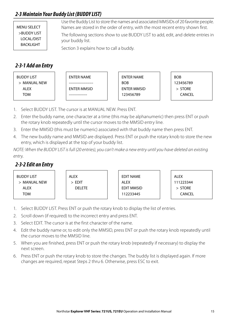 3 maintain your buddy list (buddy list), 3-1 add an entry, 3-2 edit an entry | NorthStar Navigation VHF Marine Radio Explorer 721US User Manual | Page 15 / 61