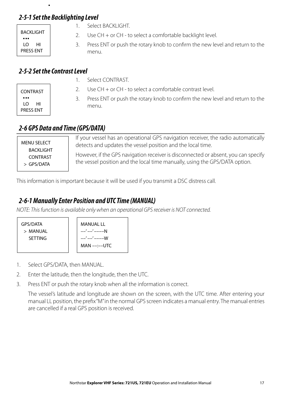 6 gps data and time (gps/data), 6-1 manually enter position and utc time (manual), 5-1 set the backlighting level | 5-2 set the contrast level | NorthStar Navigation VHF Marine Radio Explorer 721US User Manual | Page 17 / 61