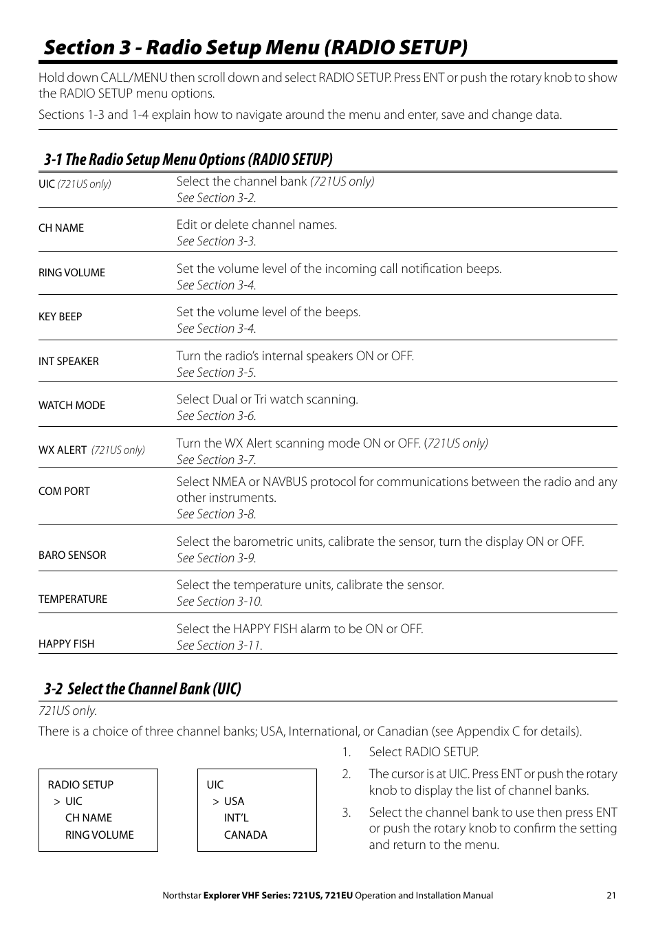 1 the radio setup menu options (radio setup), 2 select the channel bank (uic) | NorthStar Navigation VHF Marine Radio Explorer 721US User Manual | Page 21 / 61