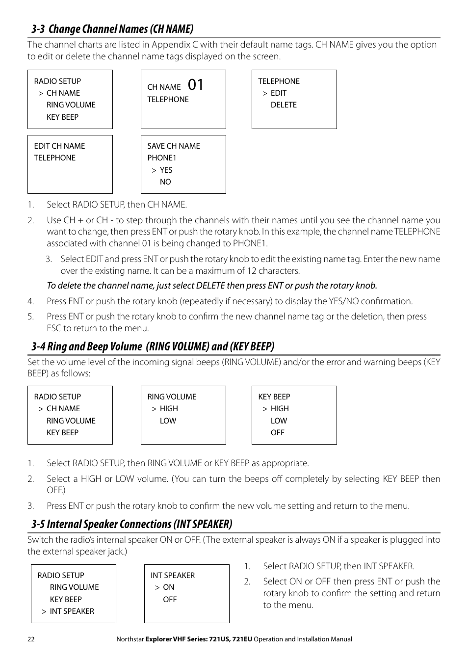 3 change channel names (ch name), 5 internal speaker connections (int speaker) | NorthStar Navigation VHF Marine Radio Explorer 721US User Manual | Page 22 / 61