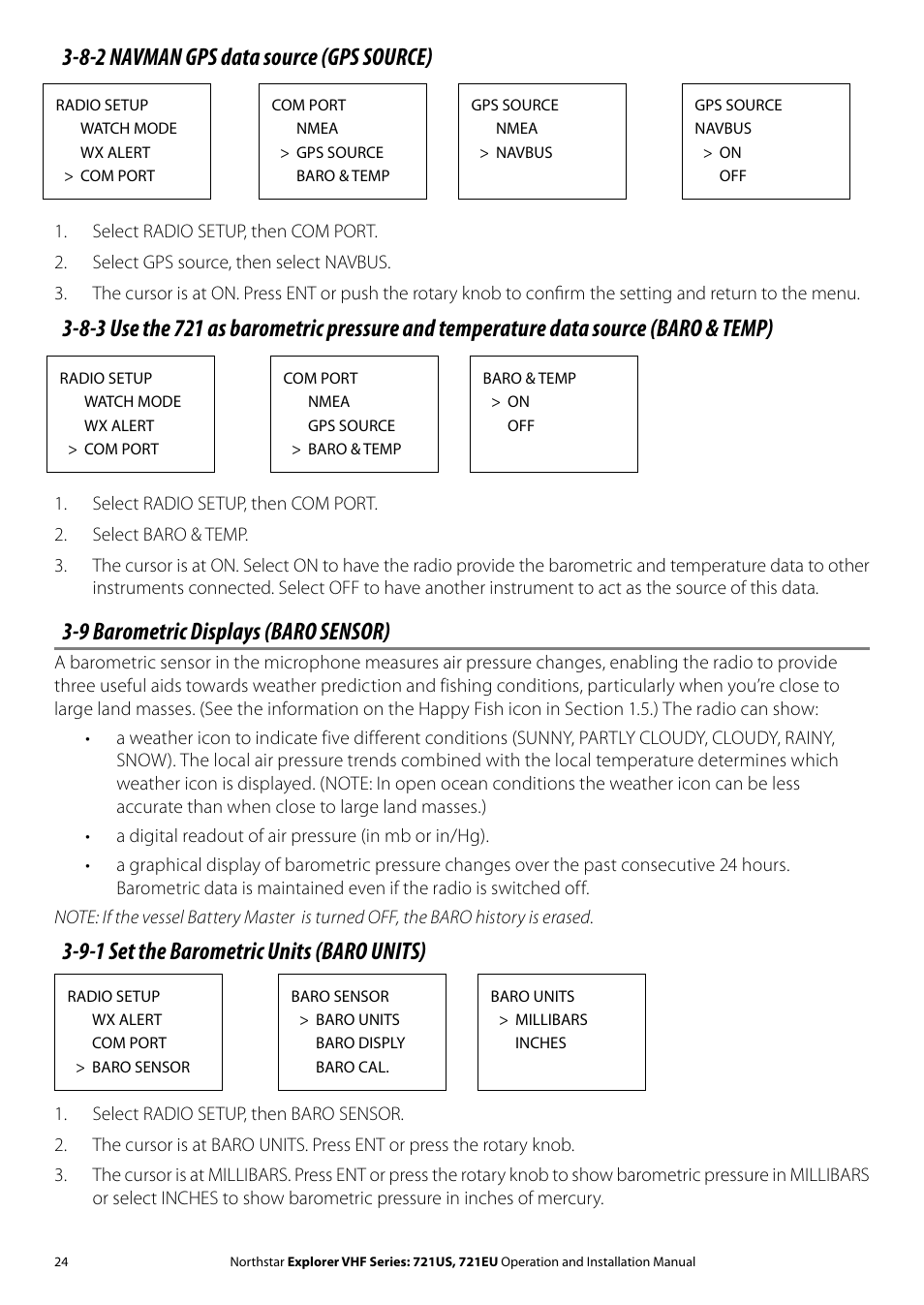 8-2 navman gps data source (gps source), 9 barometric displays (baro sensor), 9-1 set the barometric units (baro units) | NorthStar Navigation VHF Marine Radio Explorer 721US User Manual | Page 24 / 61