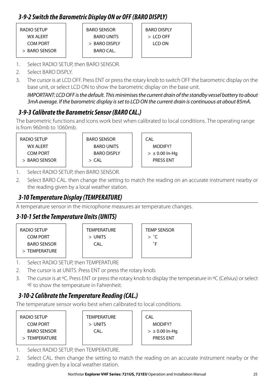 9-3 calibrate the barometric sensor (baro cal.), 10 temperature display (temperature), 10-1 set the temperature units (units) | 10-2 calibrate the temperature reading (cal.) | NorthStar Navigation VHF Marine Radio Explorer 721US User Manual | Page 25 / 61