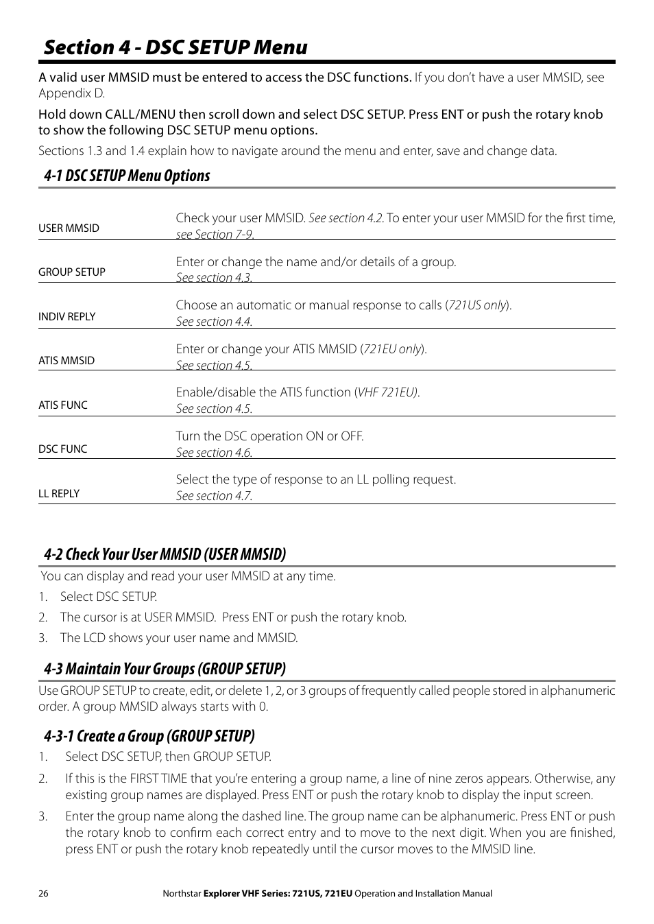 1 dsc setup menu options, 2 check your user mmsid (user mmsid), 3 maintain your groups (group setup) | 3-1 create a group (group setup) | NorthStar Navigation VHF Marine Radio Explorer 721US User Manual | Page 26 / 61