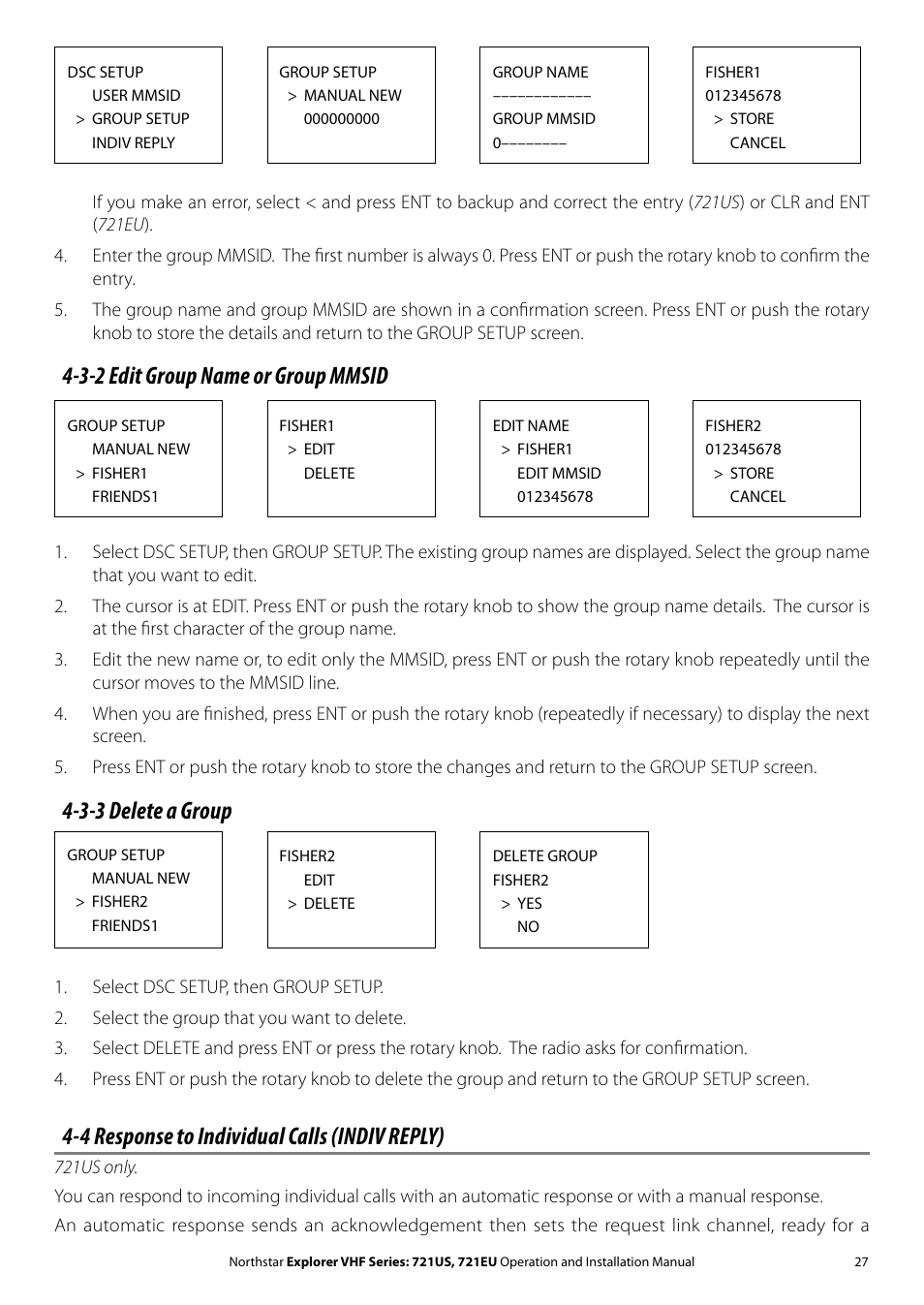 3-2 edit group name or group mmsid, 3-3 delete a group, 4 response to individual calls (indiv reply) | NorthStar Navigation VHF Marine Radio Explorer 721US User Manual | Page 27 / 61