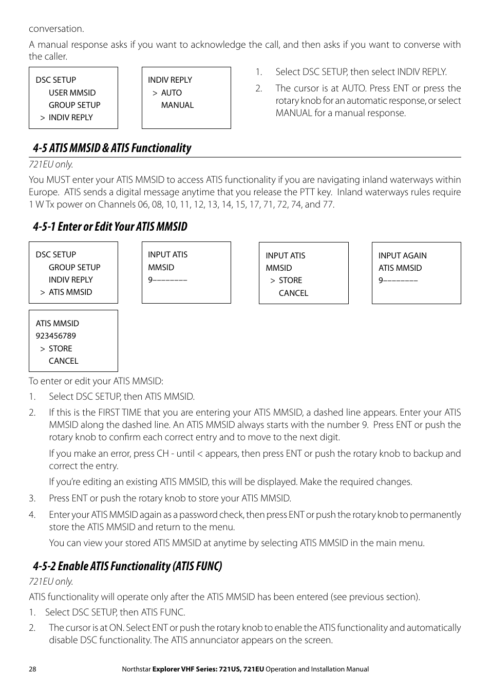 5 atis mmsid & atis functionality, 5-1 enter or edit your atis mmsid, 5-2 enable atis functionality (atis func) | NorthStar Navigation VHF Marine Radio Explorer 721US User Manual | Page 28 / 61