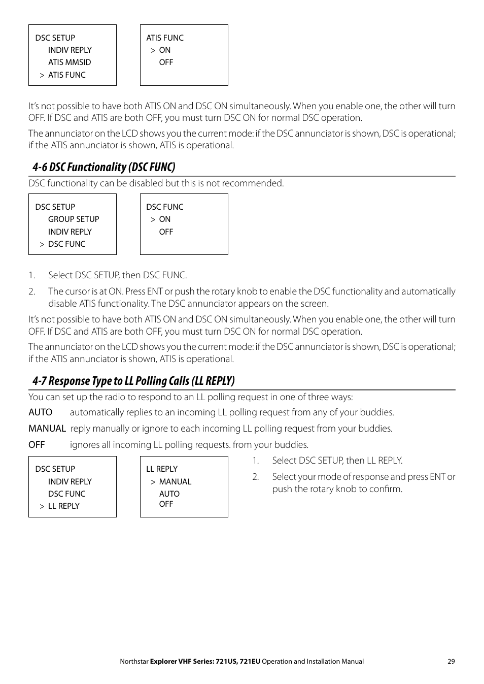 6 dsc functionality (dsc func), 7 response type to ll polling calls (ll reply) | NorthStar Navigation VHF Marine Radio Explorer 721US User Manual | Page 29 / 61