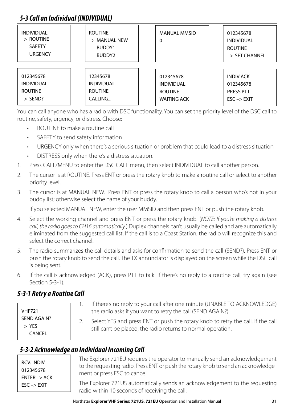 3 call an individual (individual), 3-1 retry a routine call, 3-2 acknowledge an individual incoming call | NorthStar Navigation VHF Marine Radio Explorer 721US User Manual | Page 31 / 61