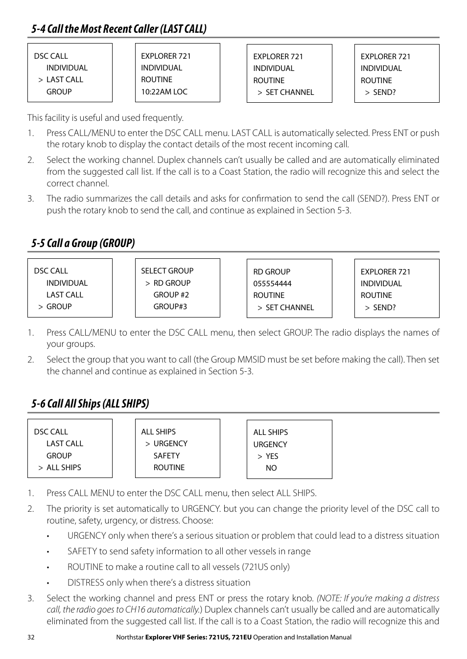 4 call the most recent caller (last call), 5 call a group (group), 6 call all ships (all ships) | NorthStar Navigation VHF Marine Radio Explorer 721US User Manual | Page 32 / 61