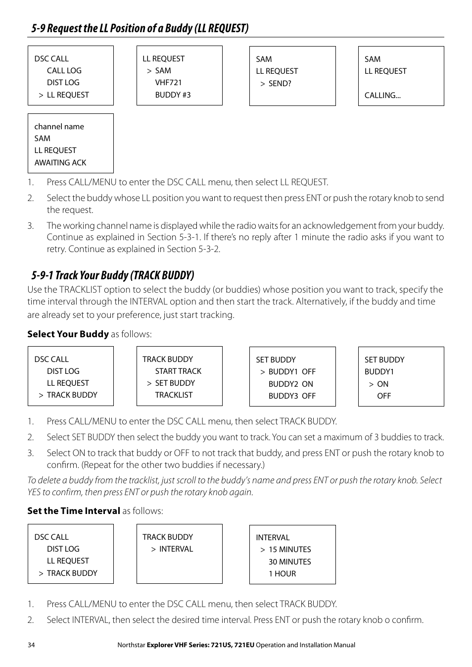 9 request the ll position of a buddy (ll request), 9-1 track your buddy (track buddy) | NorthStar Navigation VHF Marine Radio Explorer 721US User Manual | Page 34 / 61