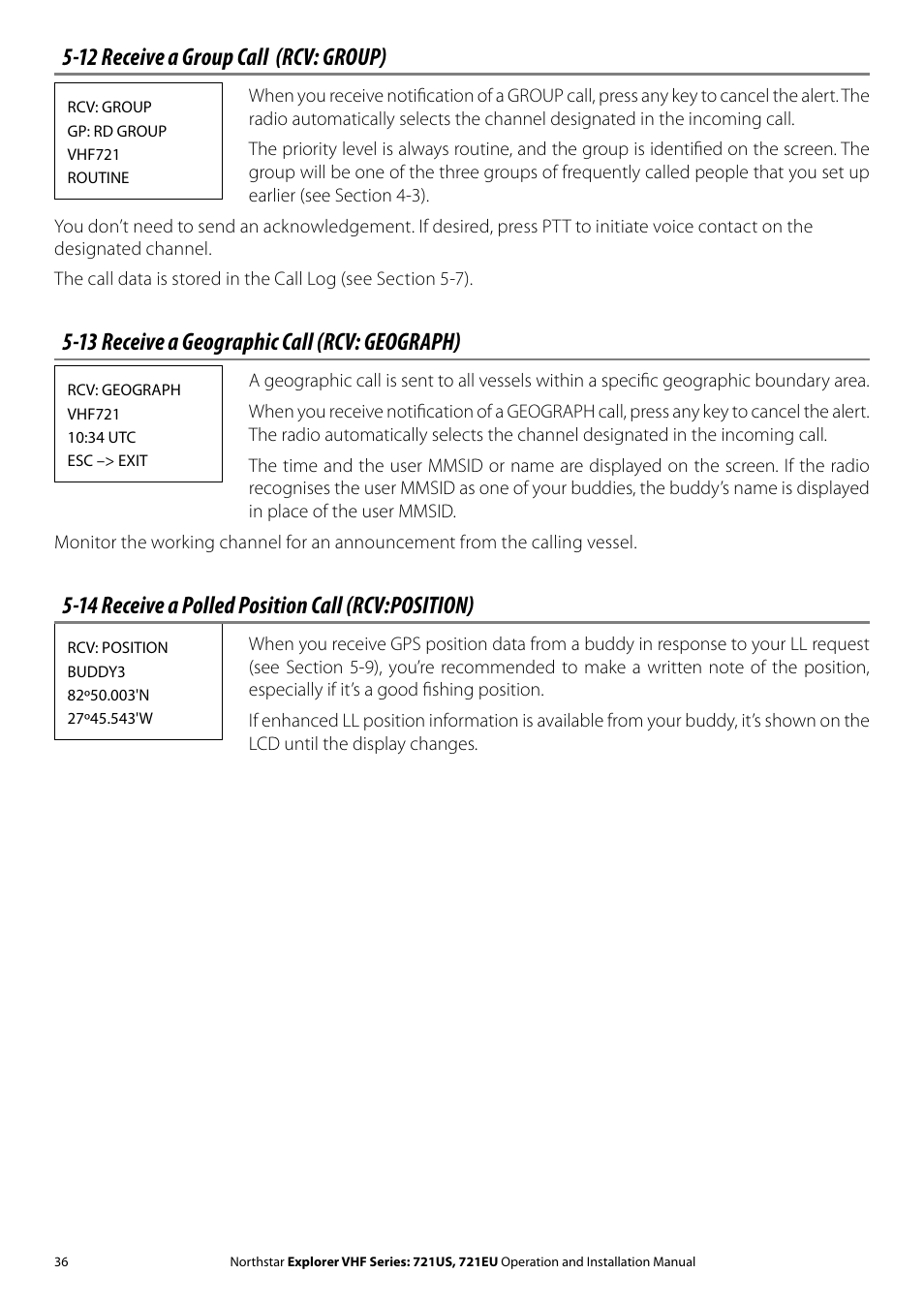 12 receive a group call (rcv: group), 13 receive a geographic call (rcv: geograph), 14 receive a polled position call (rcv:position) | NorthStar Navigation VHF Marine Radio Explorer 721US User Manual | Page 36 / 61