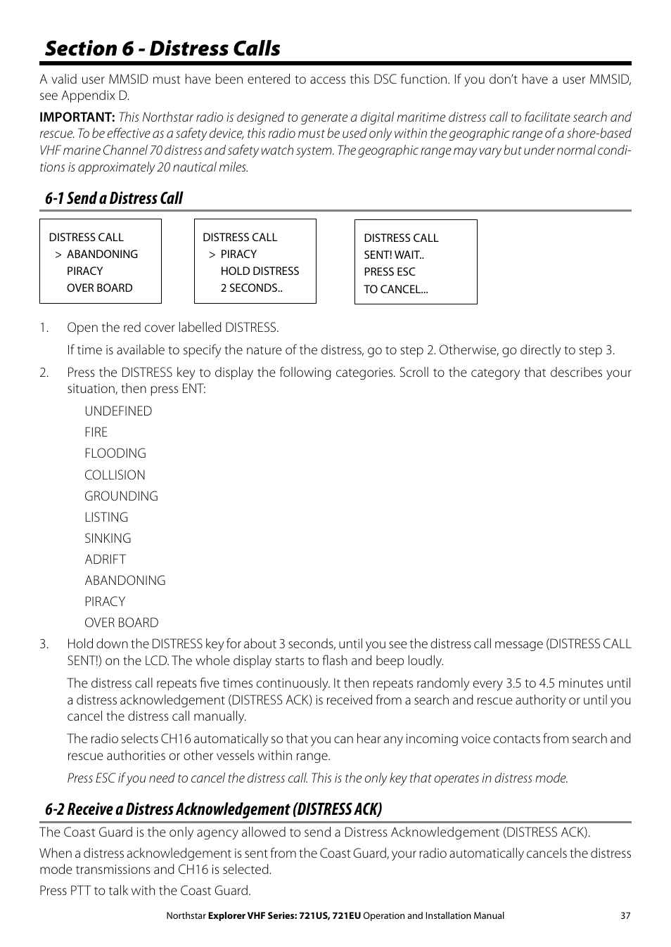 1 send a distress call | NorthStar Navigation VHF Marine Radio Explorer 721US User Manual | Page 37 / 61