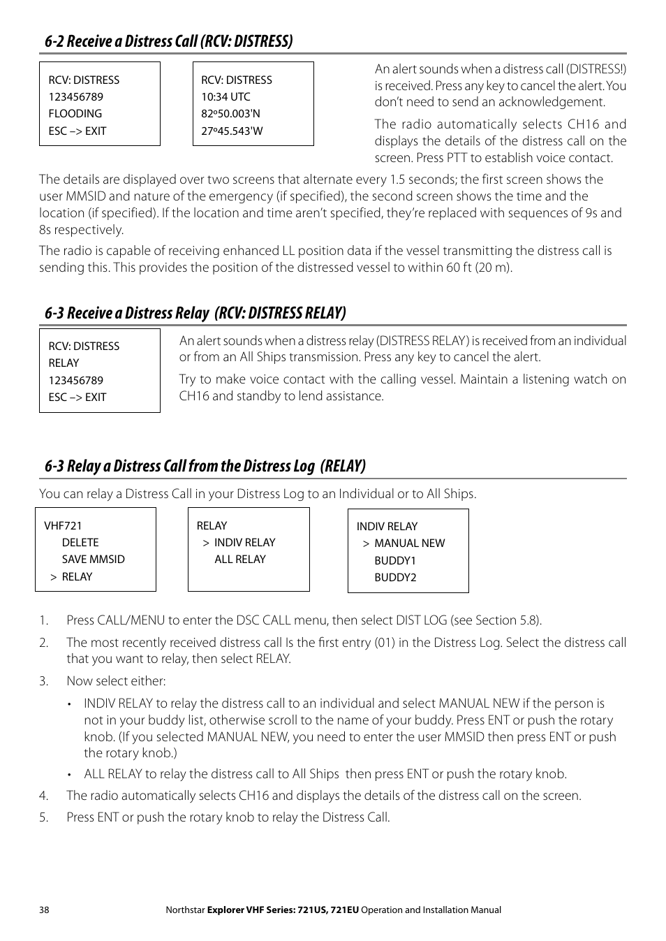 2 receive a distress call (rcv: distress), 3 receive a distress relay (rcv: distress relay) | NorthStar Navigation VHF Marine Radio Explorer 721US User Manual | Page 38 / 61