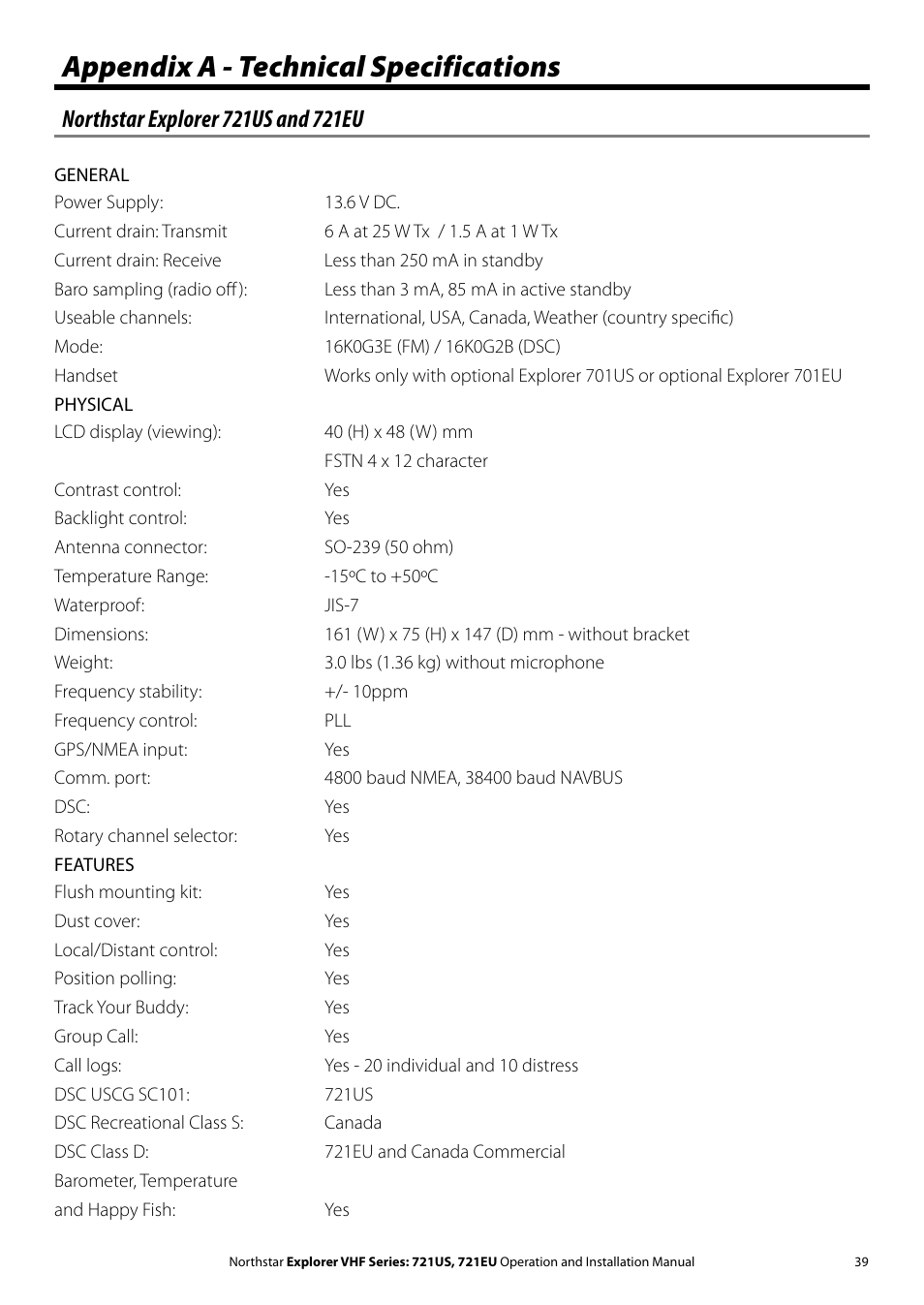 Appendix a - technical specifications | NorthStar Navigation VHF Marine Radio Explorer 721US User Manual | Page 39 / 61