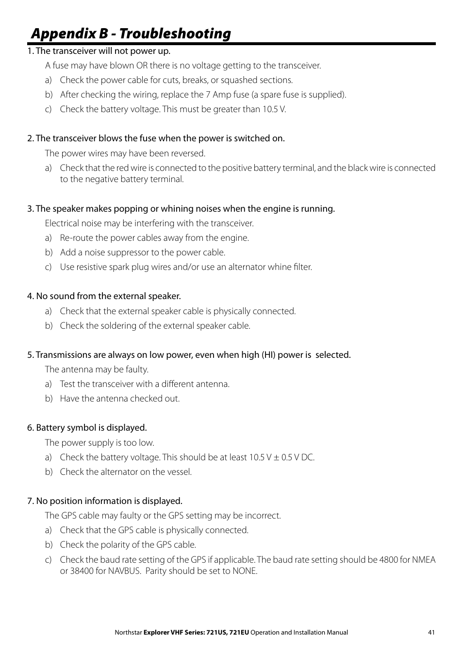 Appendix b - troubleshooting | NorthStar Navigation VHF Marine Radio Explorer 721US User Manual | Page 41 / 61