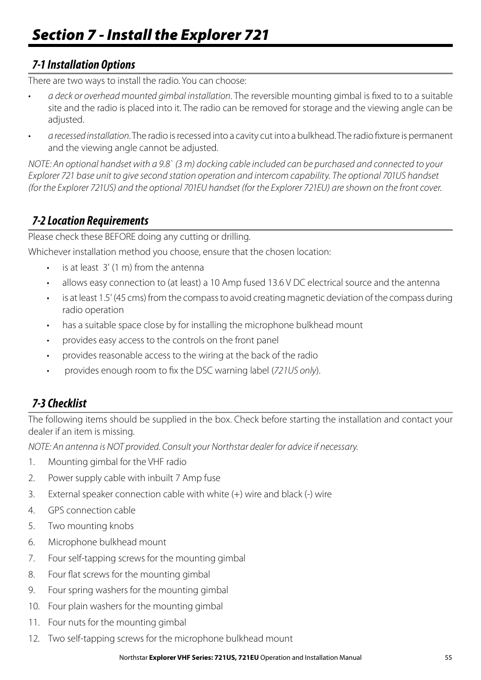 1 installation options, 2 location requirements, 3 checklist | NorthStar Navigation VHF Marine Radio Explorer 721US User Manual | Page 55 / 61