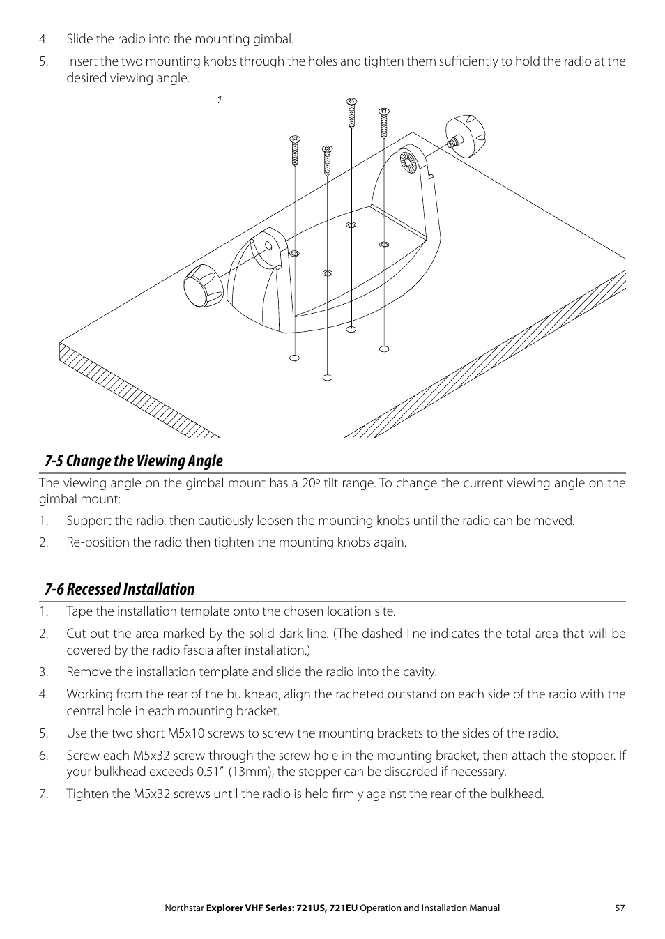 5 change the viewing angle, 6 recessed installation | NorthStar Navigation VHF Marine Radio Explorer 721US User Manual | Page 57 / 61