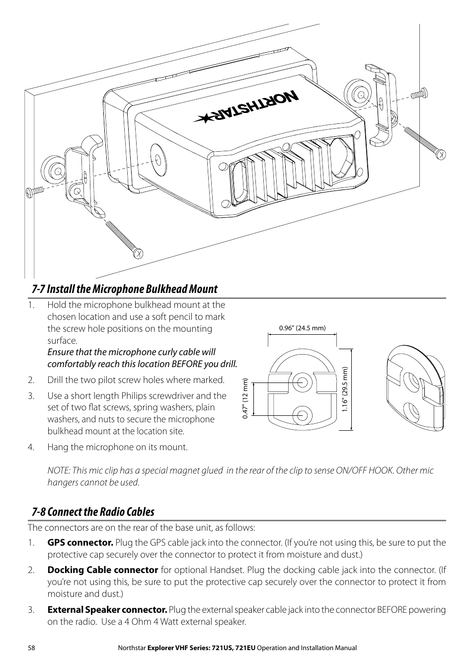 7 install the microphone bulkhead mount, 8 connect the radio cables | NorthStar Navigation VHF Marine Radio Explorer 721US User Manual | Page 58 / 61