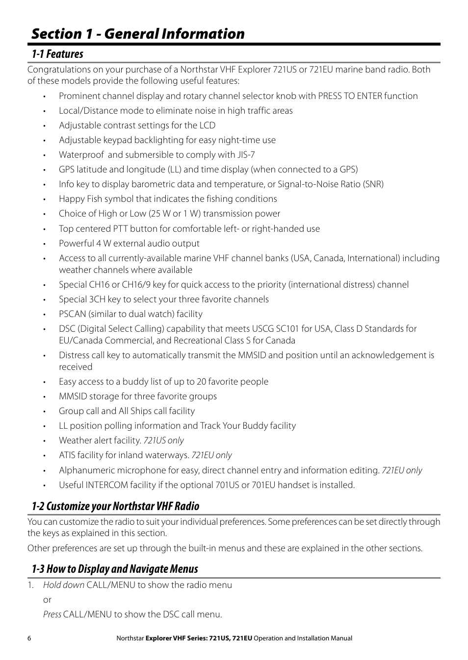 1 features, 2 customize your northstar vhf radio, 3 how to display and navigate menus | NorthStar Navigation VHF Marine Radio Explorer 721US User Manual | Page 6 / 61