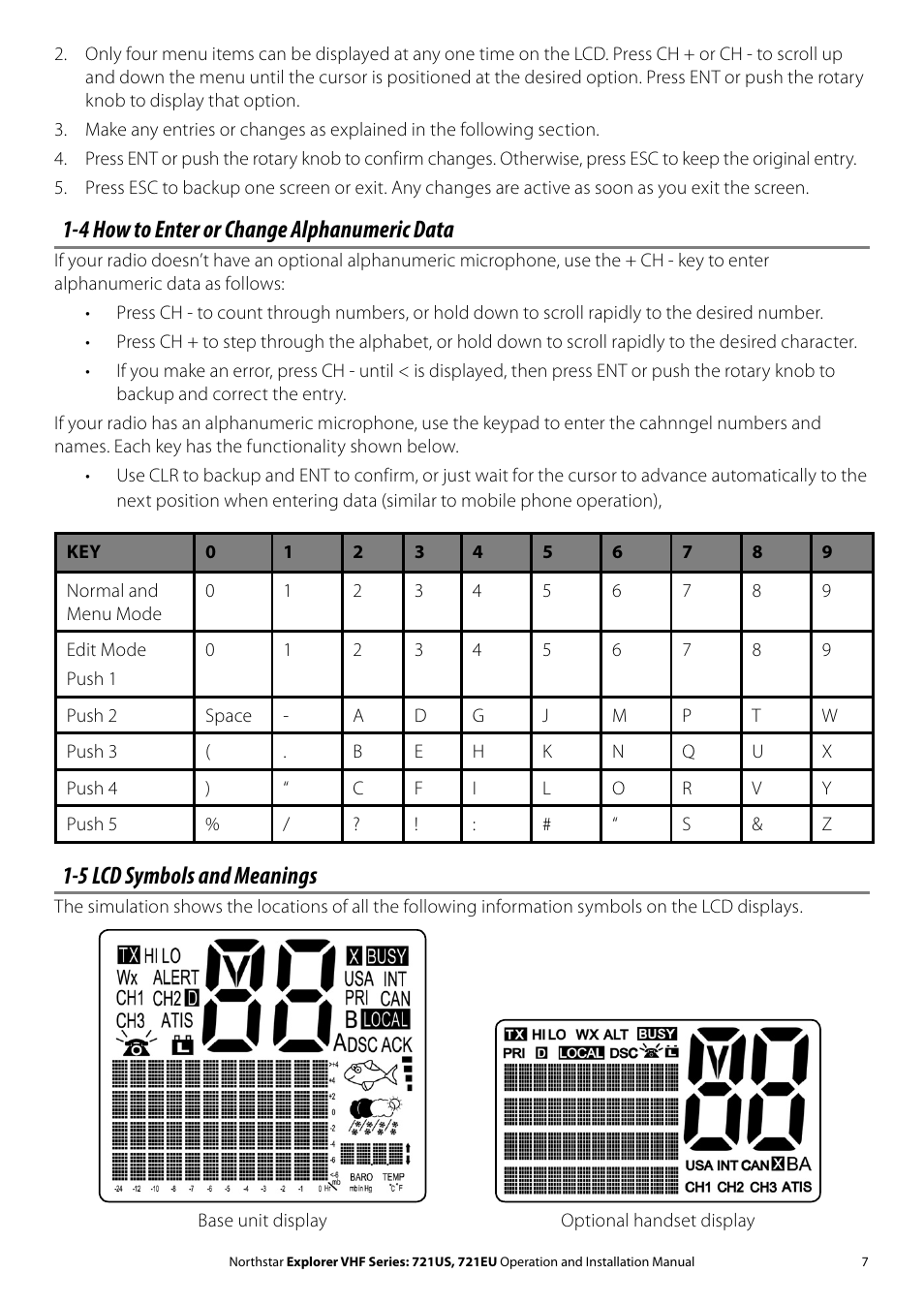 4 how to enter or change alphanumeric data, 5 lcd symbols and meanings | NorthStar Navigation VHF Marine Radio Explorer 721US User Manual | Page 7 / 61