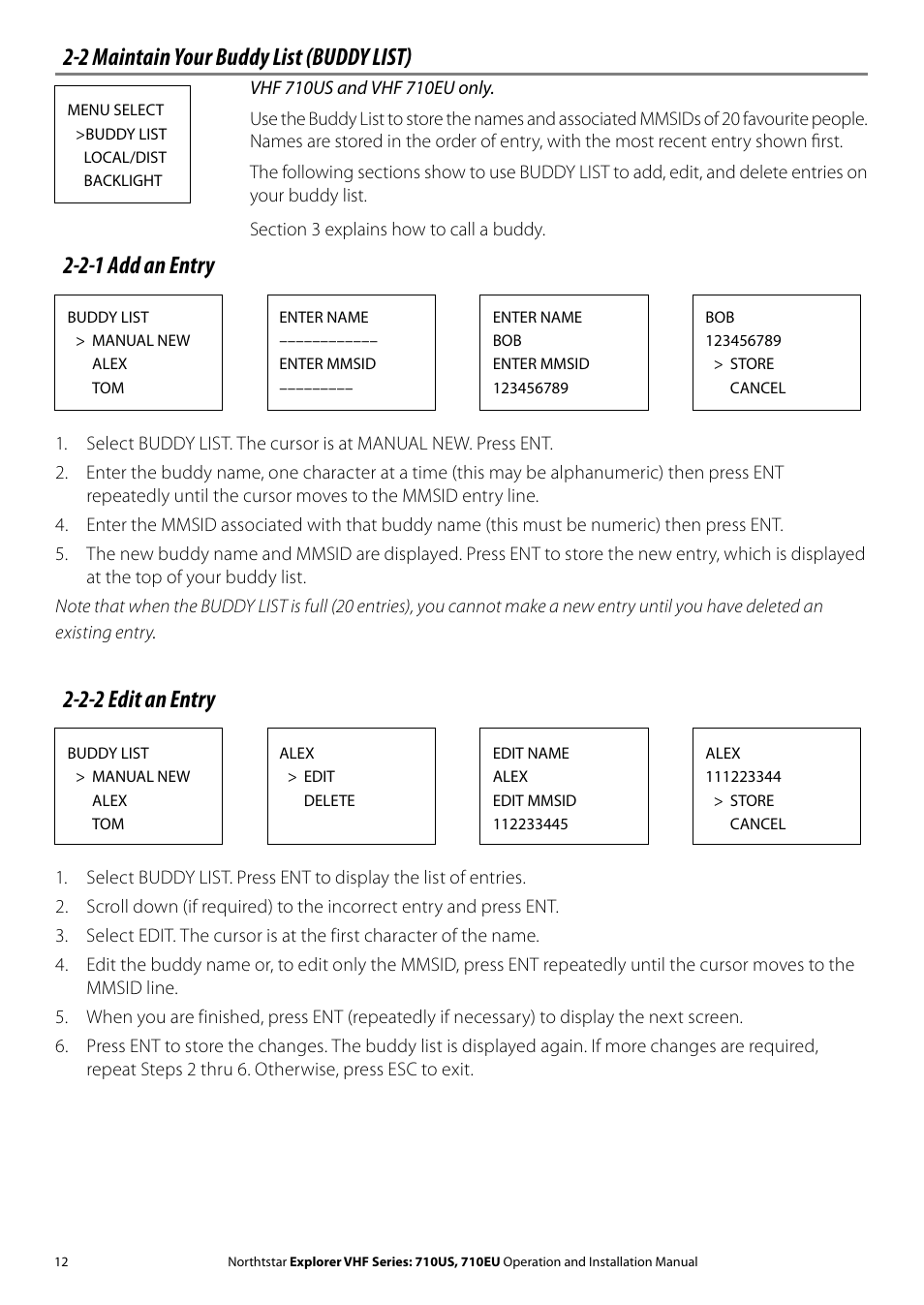 2 maintain your buddy list (buddy list), 2-1 add an entry, 2-2 edit an entry | NorthStar Navigation Explorer 710 VHF User Manual | Page 12 / 57