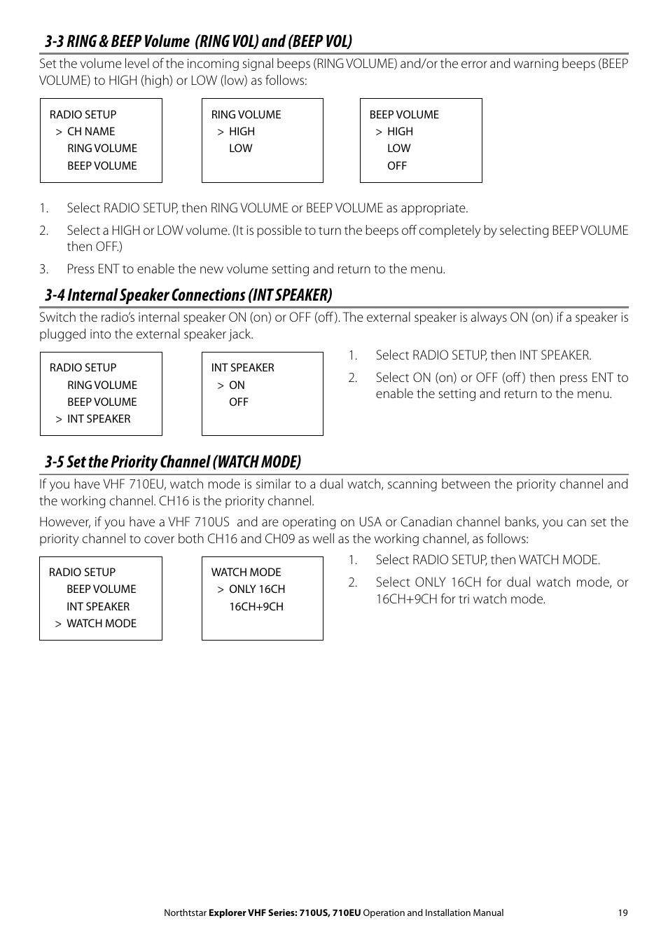 3 ring & beep volume (ring vol) and (beep vol), 4 internal speaker connections (int speaker), 5 set the priority channel (watch mode) | NorthStar Navigation Explorer 710 VHF User Manual | Page 19 / 57