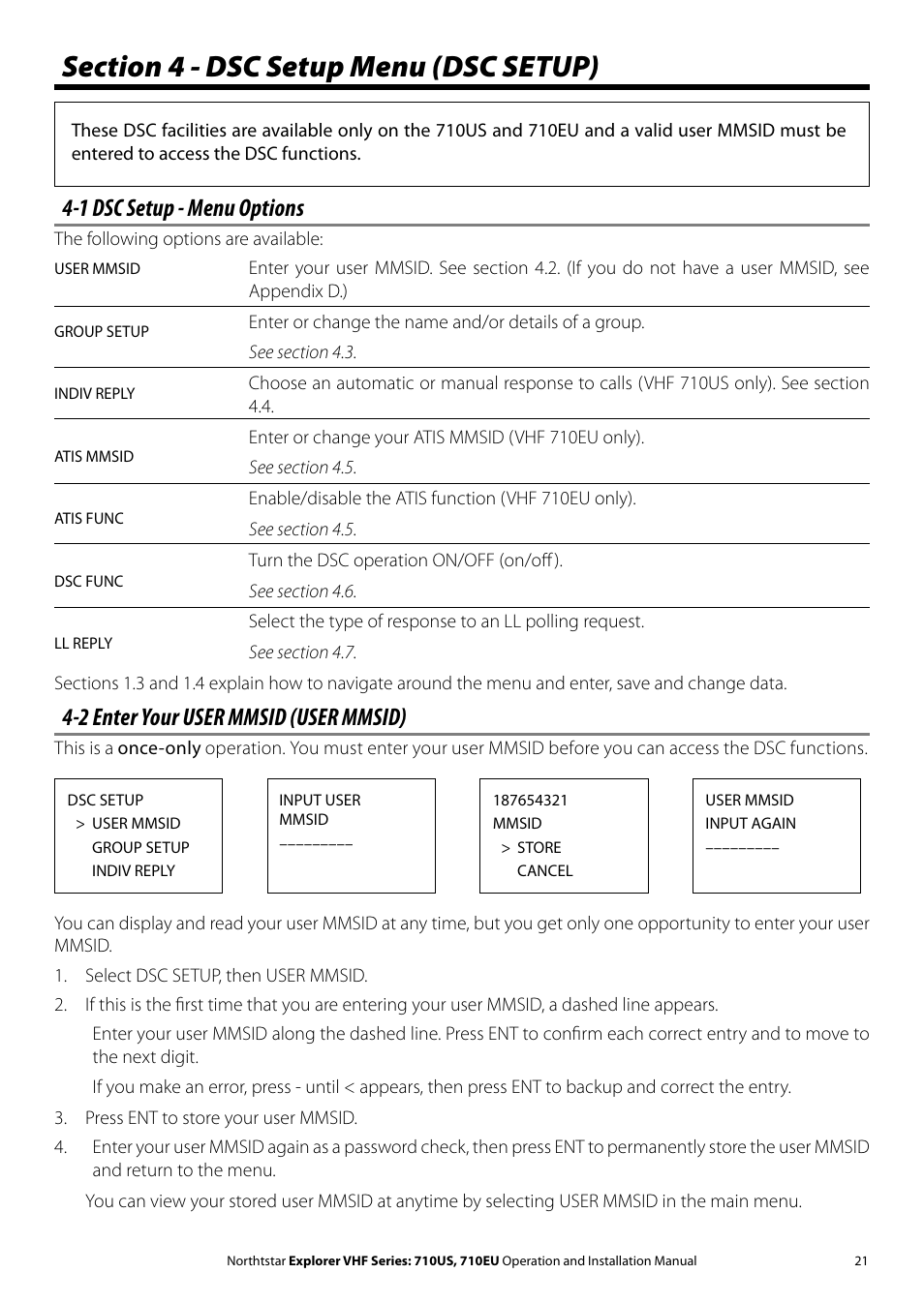 1 dsc setup - menu options, 2 enter your user mmsid (user mmsid) | NorthStar Navigation Explorer 710 VHF User Manual | Page 21 / 57