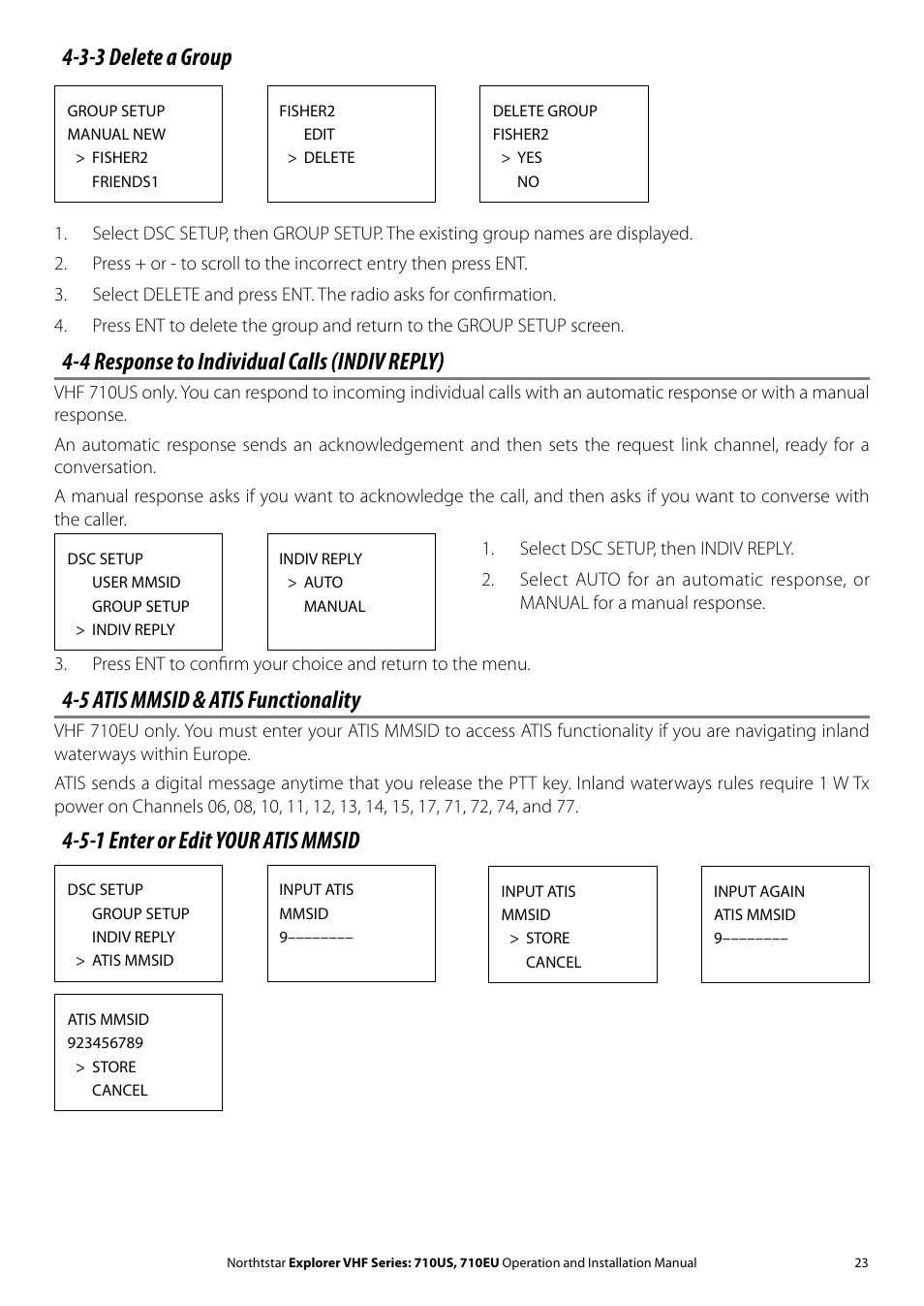 3-3 delete a group, 4 response to individual calls (indiv reply), 5 atis mmsid & atis functionality | 5-1 enter or edit your atis mmsid | NorthStar Navigation Explorer 710 VHF User Manual | Page 23 / 57