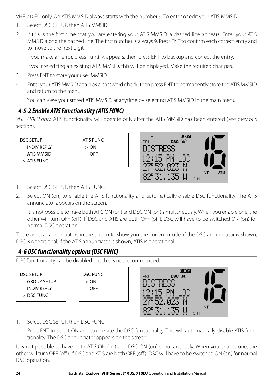 5-2 enable atis functionality (atis func), 6 dsc functionality options (dsc func) | NorthStar Navigation Explorer 710 VHF User Manual | Page 24 / 57