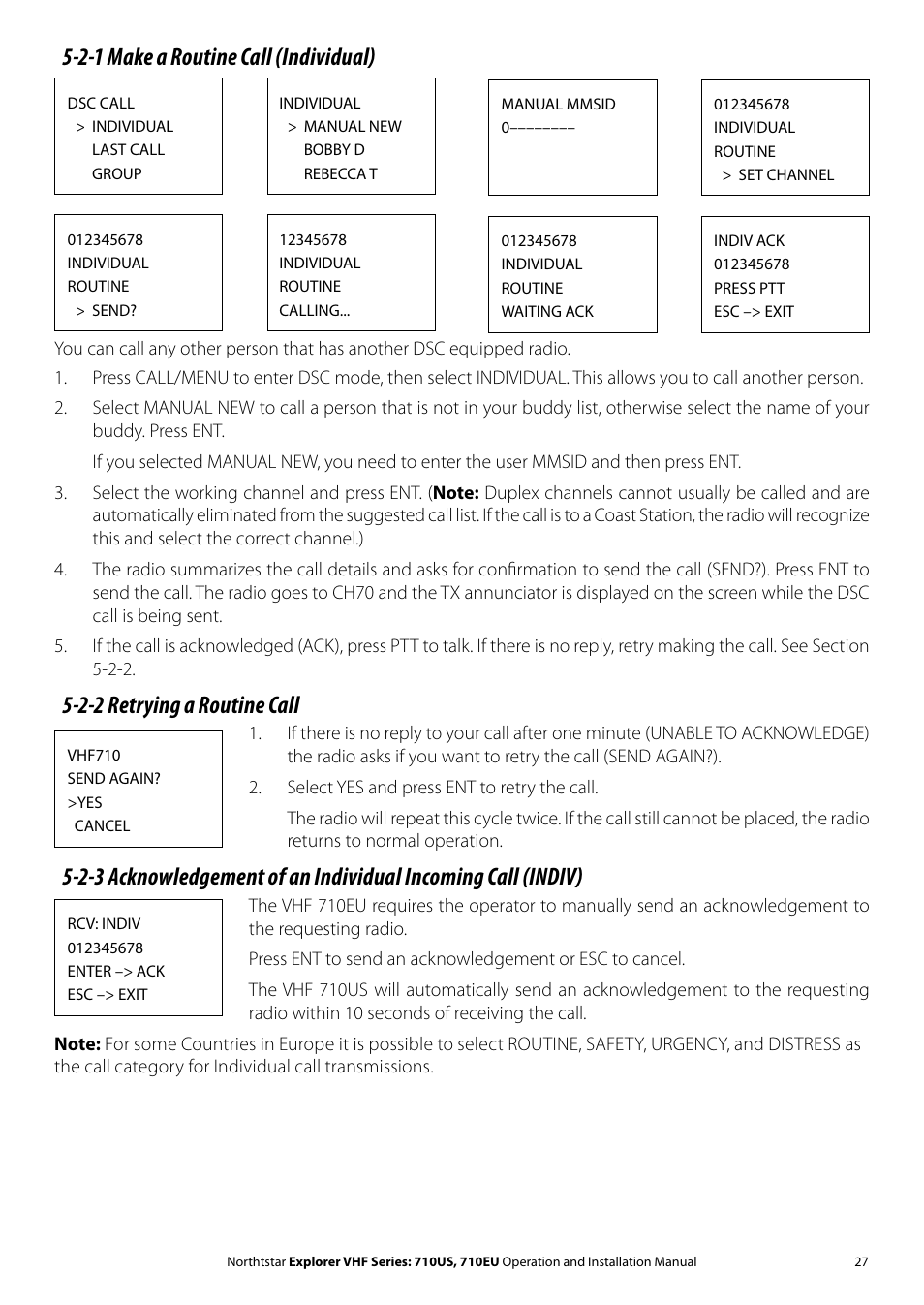 2-1 make a routine call (individual), 2-2 retrying a routine call | NorthStar Navigation Explorer 710 VHF User Manual | Page 27 / 57