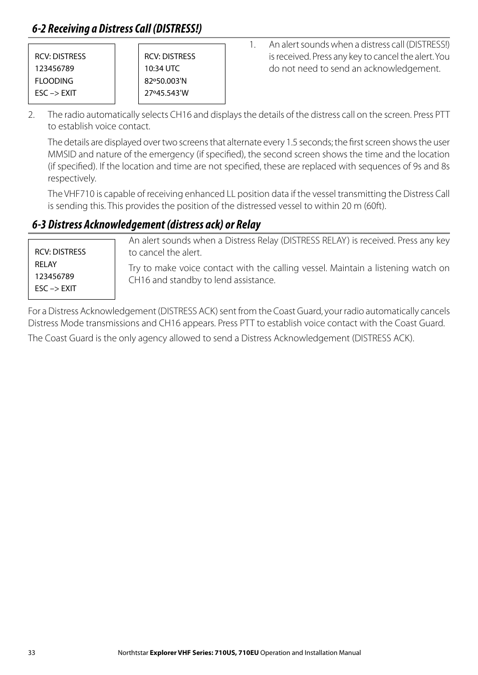 2 receiving a distress call (distress!), 3 distress acknowledgement (distress ack) or relay | NorthStar Navigation Explorer 710 VHF User Manual | Page 33 / 57