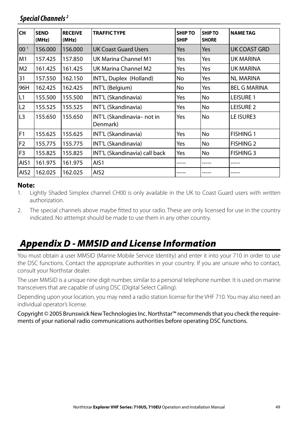 Appendix d - mmsid and license information, Special channels | NorthStar Navigation Explorer 710 VHF User Manual | Page 49 / 57