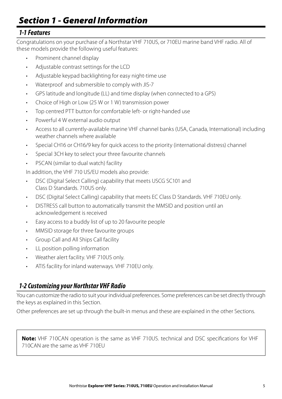 1 features, 2 customizing your northstar vhf radio | NorthStar Navigation Explorer 710 VHF User Manual | Page 5 / 57