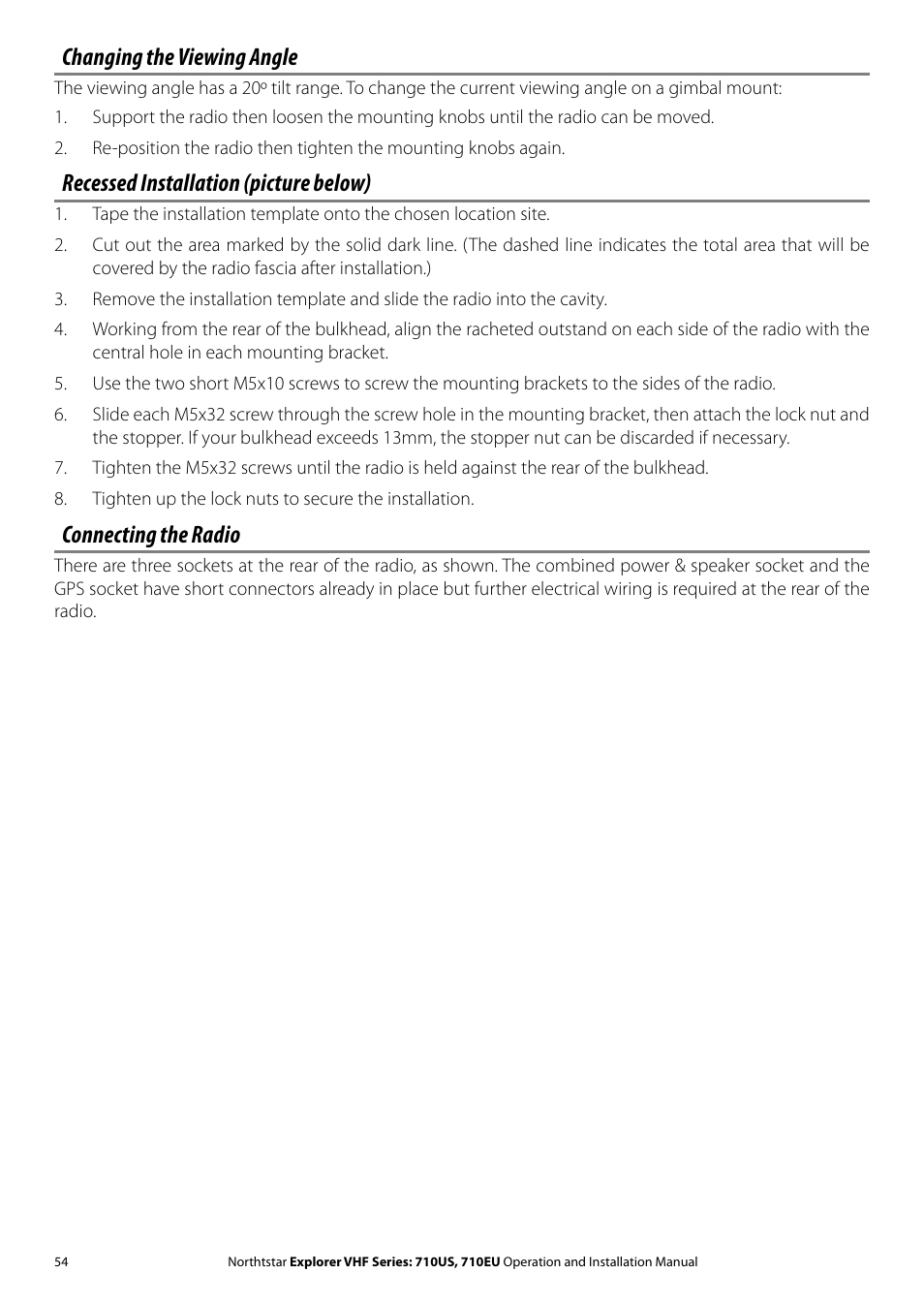 Changing the viewing angle, Recessed installation (picture below), Connecting the radio | NorthStar Navigation Explorer 710 VHF User Manual | Page 54 / 57