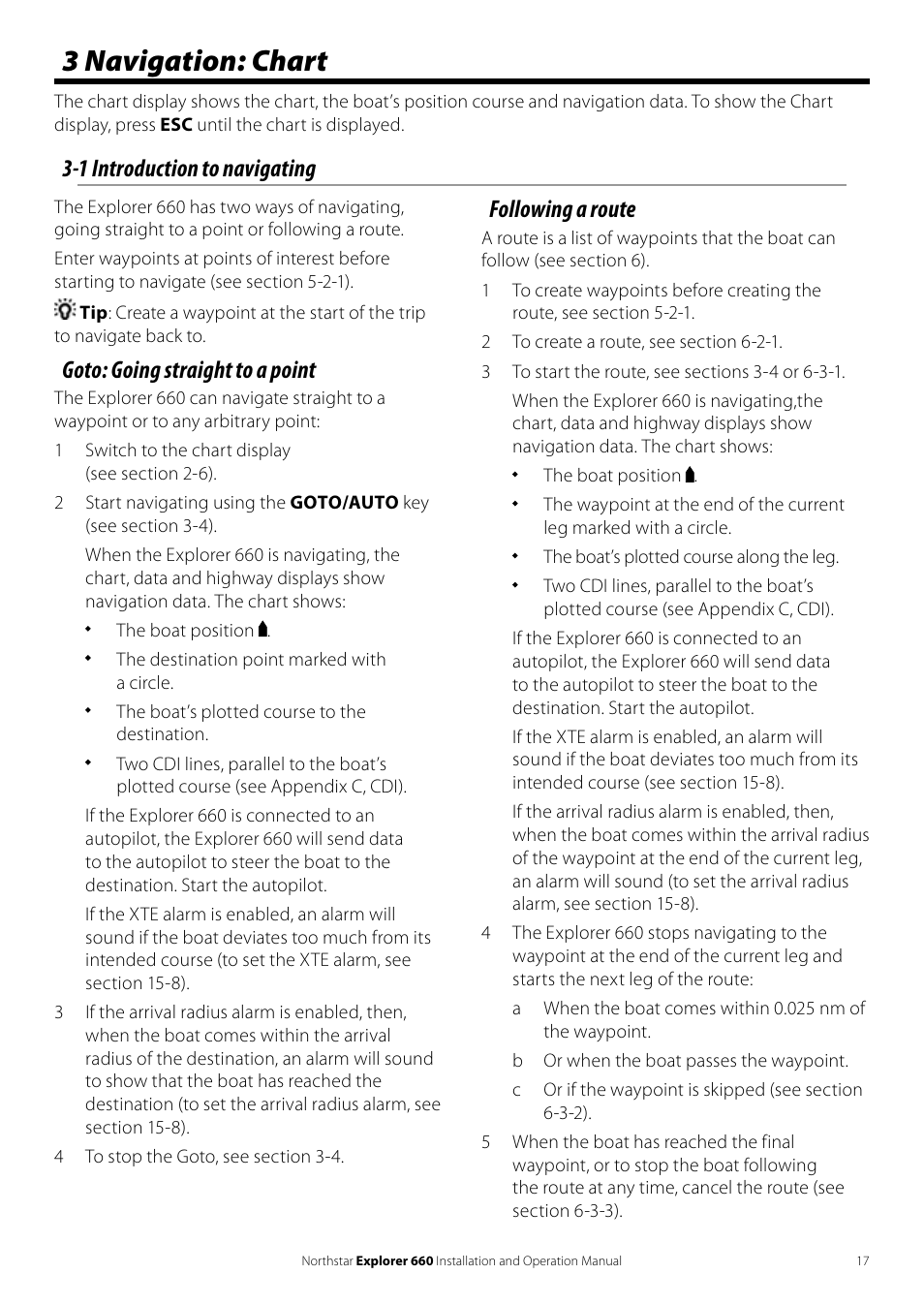 3 navigation: chart, 1 introduction to navigating, Goto: going straight to a point | Following a route | NorthStar Navigation Explorer 660 User Manual | Page 17 / 76