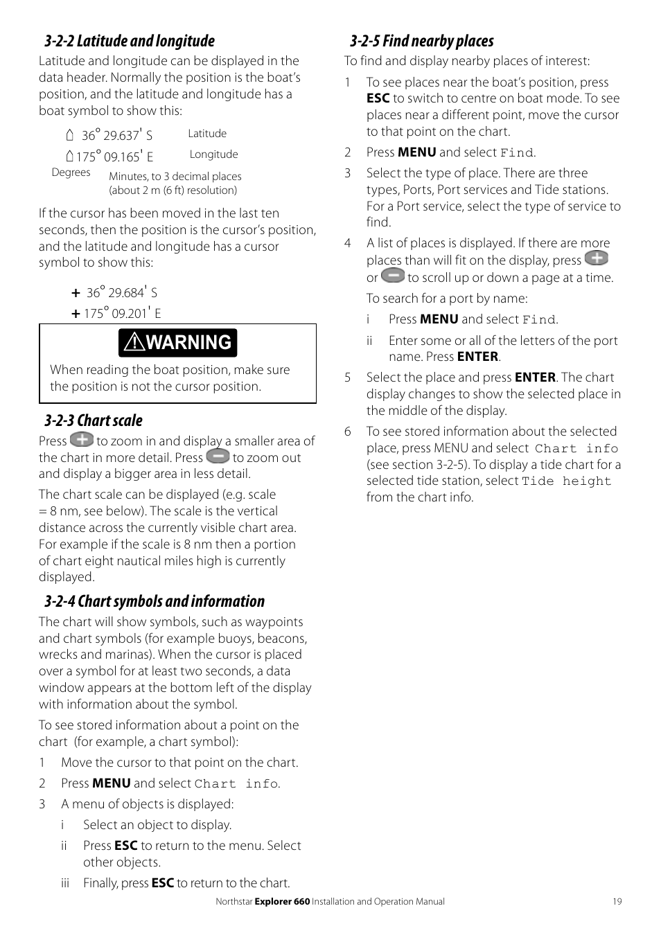 Warning, 2-2 latitude and longitude, 2-5 find nearby places | 2-3 chart scale, 2-4 chart symbols and information | NorthStar Navigation Explorer 660 User Manual | Page 19 / 76