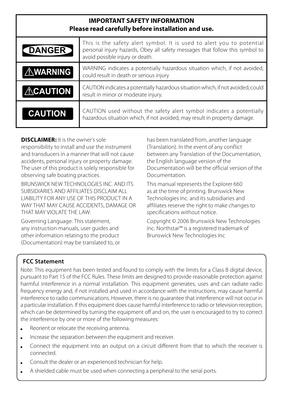 Danger, Warning, Caution | NorthStar Navigation Explorer 660 User Manual | Page 2 / 76