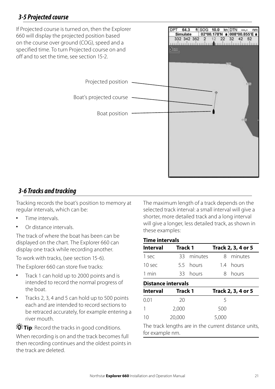 5 projected course, 6 tracks and tracking | NorthStar Navigation Explorer 660 User Manual | Page 21 / 76